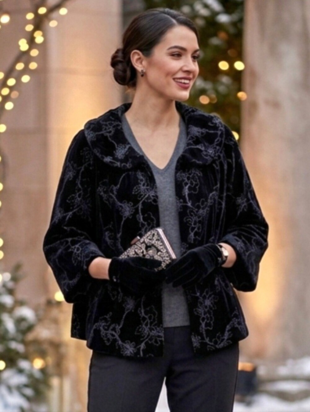 Pink Tartan Black Velvet Embroidered Statement Swing Cape Jacket